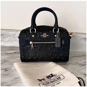 🪞 NEW Coach embossed logo signature leather top handle satchel handbag in black